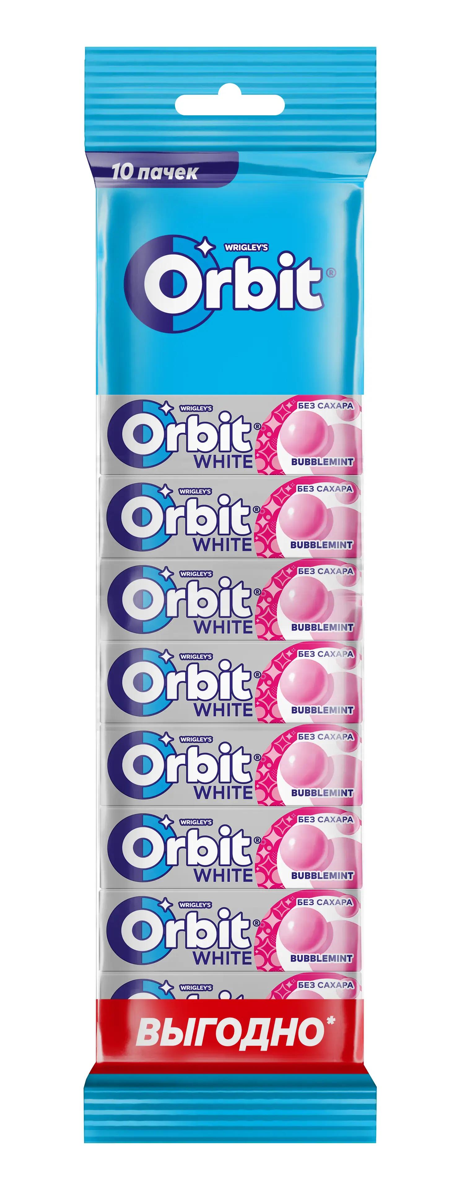 Жевательная резинка Orbit White Bubblemint без сахара, 10 пачек по 13,6 гр., обертка