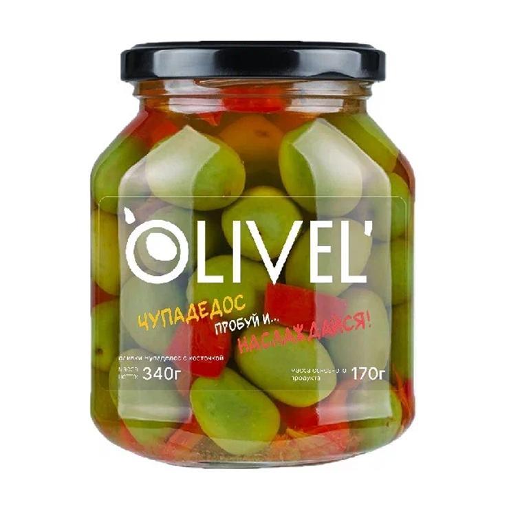 Оливки Olivel зеленые Чупадедос сладкий перц чеснок масло 340 гр., стекло