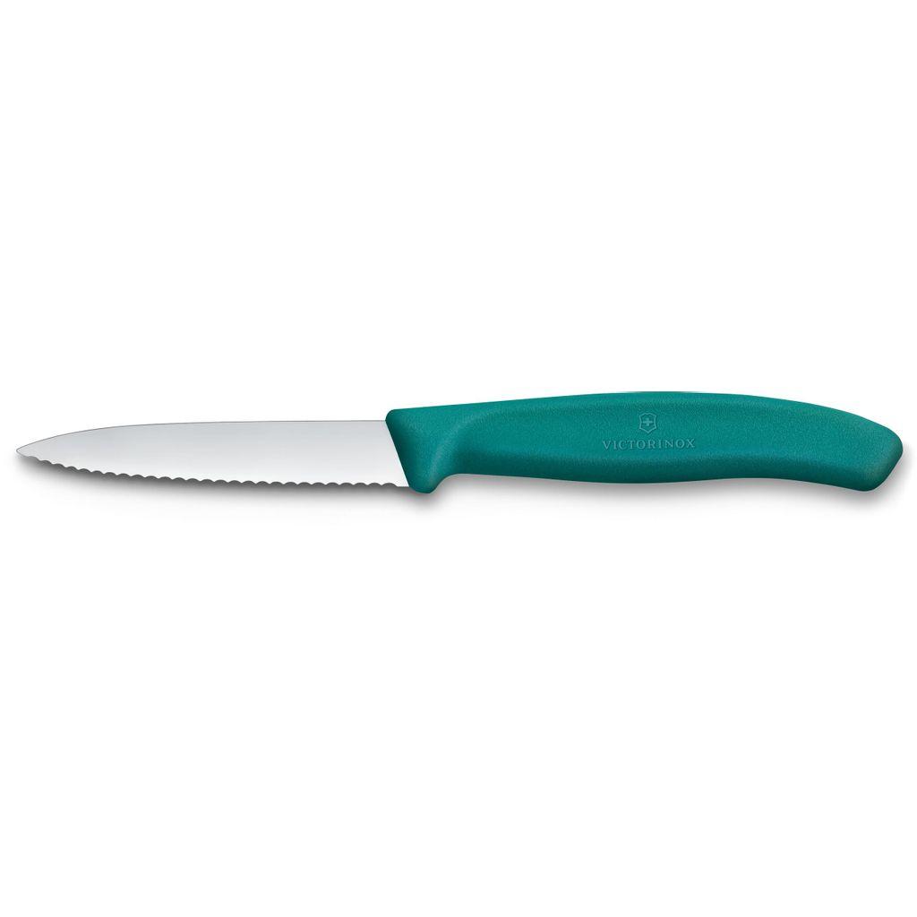 Нож кухонный Victorinox Swiss Classic, столовый, для чистки овощей и фруктов, 80мм, заточка серрейтор, стальной, зеленый [6.7634.c1]