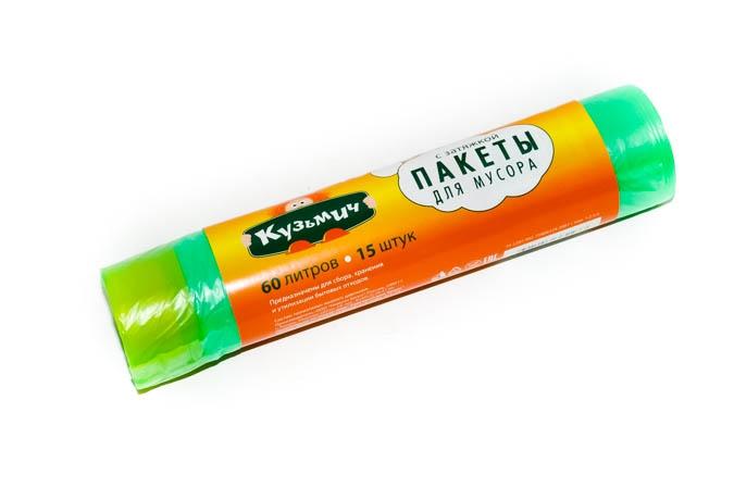 Пакеты для мусора Кузьмич с завязками 60 л. 15 шт., обертка