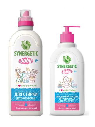Набор Synergetic, Детский, средство для стирки детского белья + средство для мытья детской посуды, сосок, бутылочек и игрушек, 1 л., ПЭТ