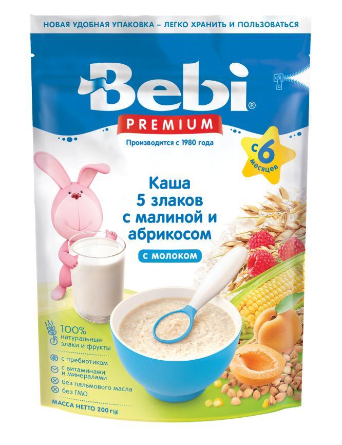 Каша Bebi Premium молочная 5 злаков с малиной и абрикосом для детей с 6 месяцев, 200 гр., картон