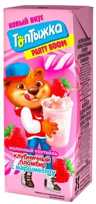 Коктейль молочный Топтыжка Клубничный пломбир-Маршмеллоу ультрапастеризованный 2% 200 мл., тетра-пак