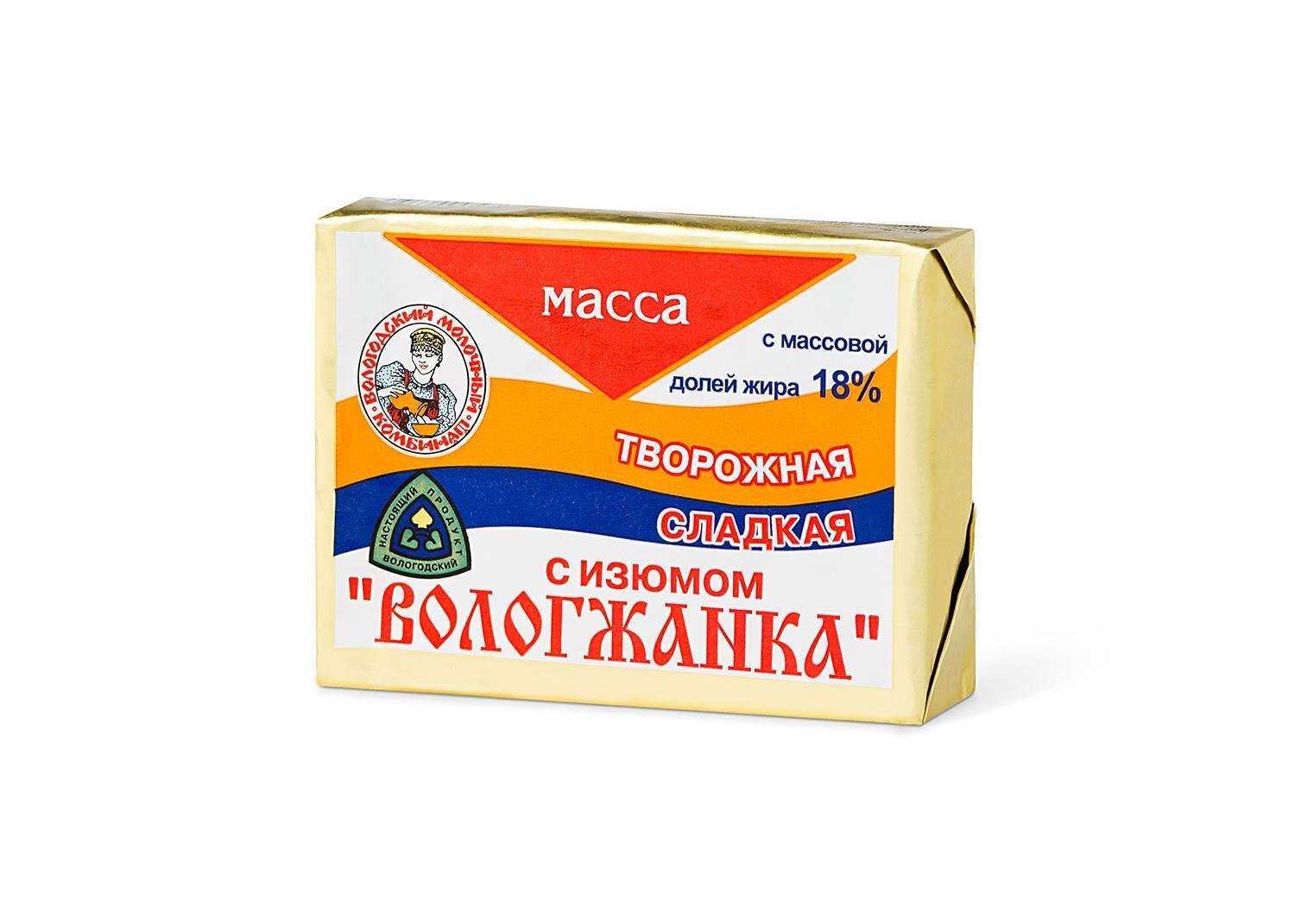 Масса творожная Вологжанка с изюмом 18% 220 гр., обертка