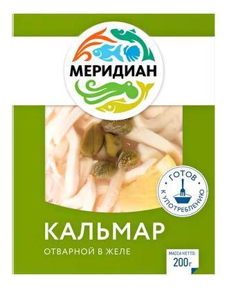Кальмар Меридиан командорский отварной с каперсами и лимоном соломка в желе 200 гр., вакуум