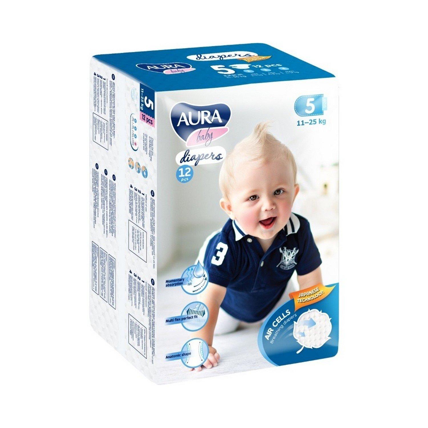 Подгузники Aura, для детей Baby одноразовые, 5/XL 11-25 кг, 12 шт., 300 гр., картон