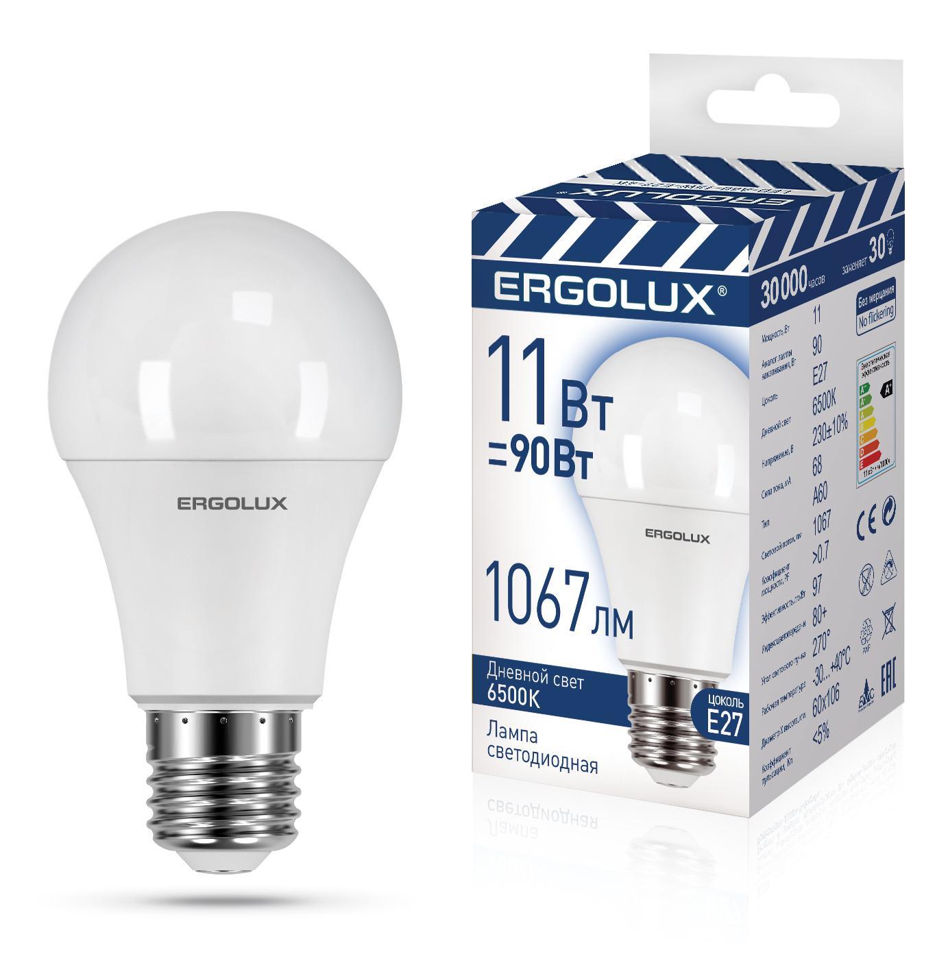 Лампа Ergolux LED-A60-11W-E27-6K ЛОН 11Вт Е27 6500К 1шт, картон