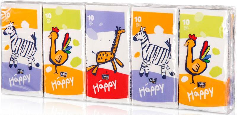 Платочки гигиенические носовые 3-х слойные 10 шт., baby Happy Звери, Bella, пакет