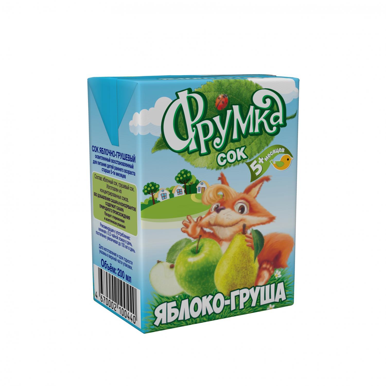 Сок Фрумка яблочно-грушевый осветленный для питания детей раннего возраста,200 мл., тетра-пак