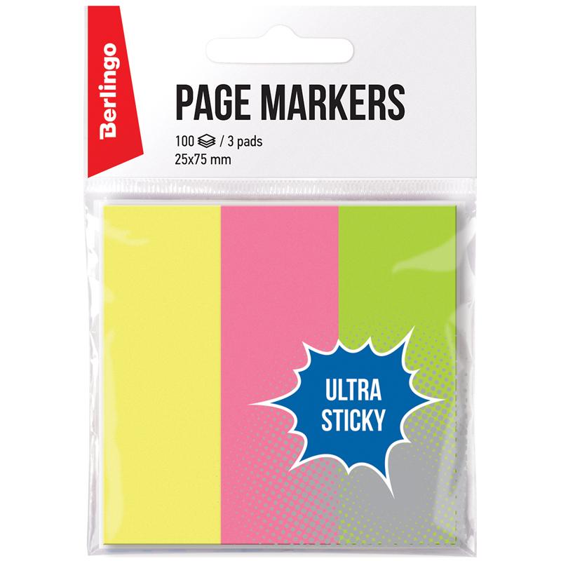 Флажки-закладки Berlingo Ultra Sticky 3 неоновых цвета 25х75 мм. 100 шт., пакет