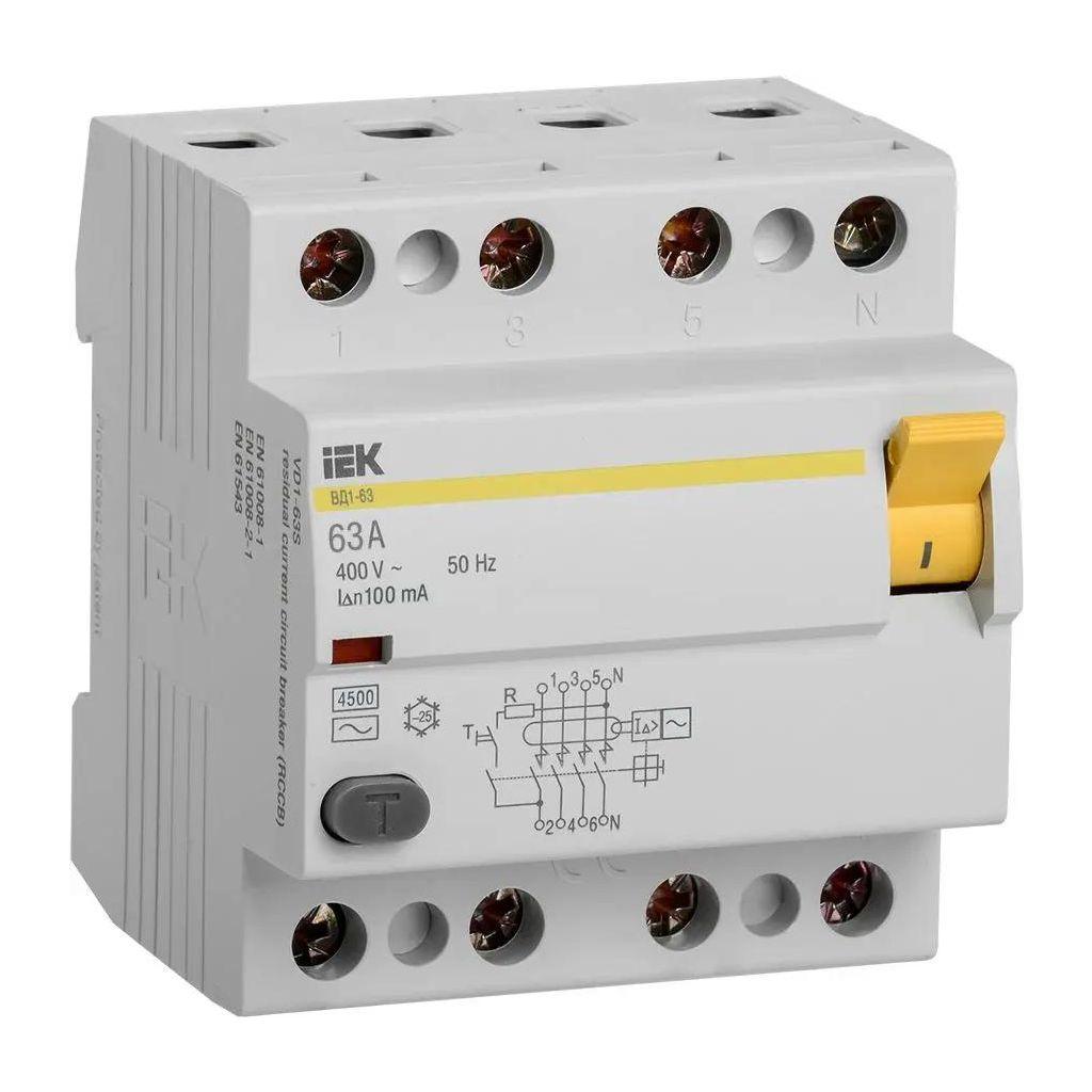 Выключатель дифф. тока (УЗО) IEK ВД1-63 (MDV10-4-063-100) 63A 4 400В 4 модуля белый (упак.:1шт)