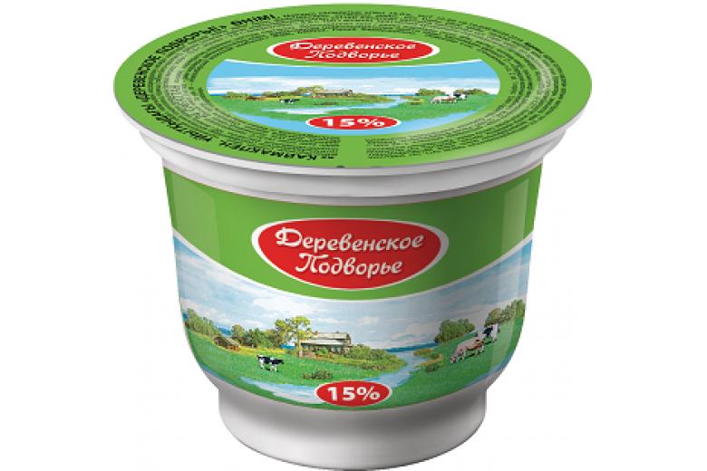 Продукт со сметаной Деревенское Подворье на закваске 15%, 200 гр., пластиковый стакан