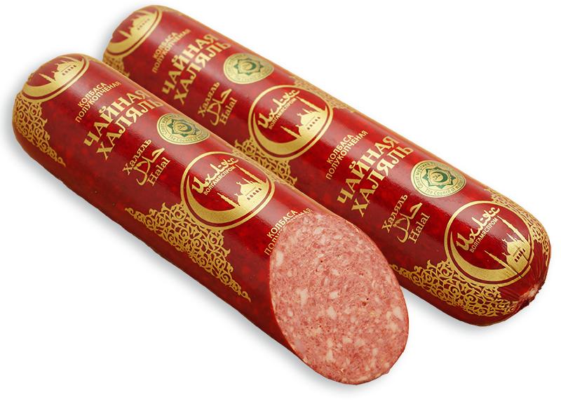 Колбаса полукопченая Ихляс мясокомбинат чайная халяль 400 гр., оболочка