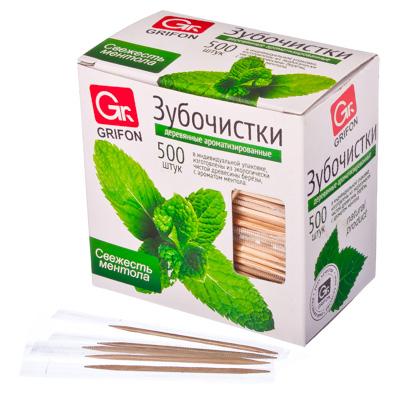GRIFON Зубочистки из дерева с ментолом 500шт, в инд. п/п упаковке