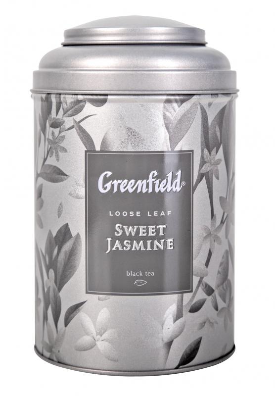 Чай Greenfield Sweet Jasmine листовой черный с добавлением зеленого чая с лепестками жасмина, 100 гр., ж/б