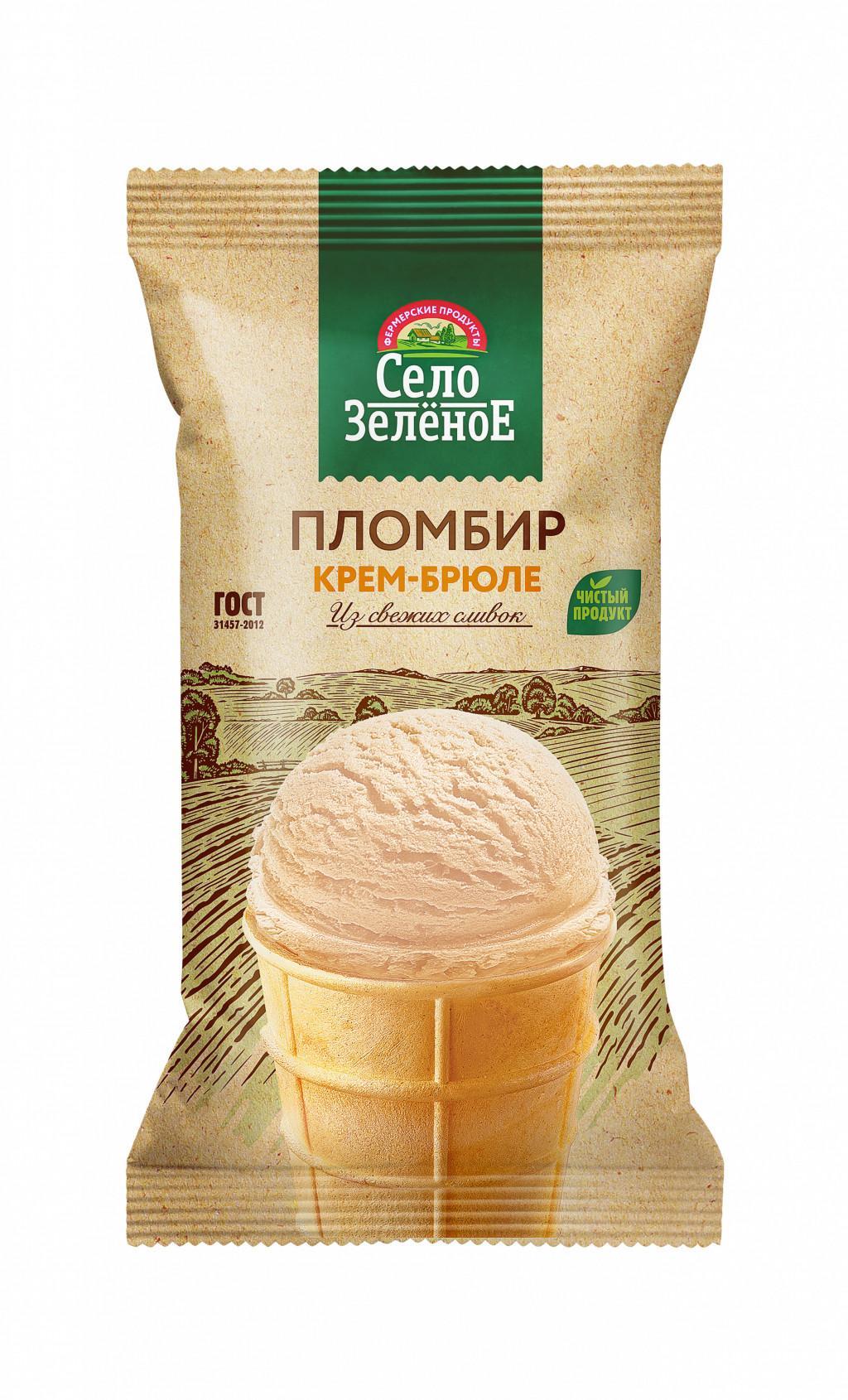 Мороженое пломбир Село Зелёное крем-брюле 15% стаканчик 90 гр., флоу-пак