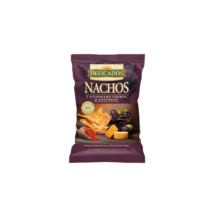 Чипсы Delicados nachos с кусочками оливок и паприкой кукурузные 150 гр., флоу-пак