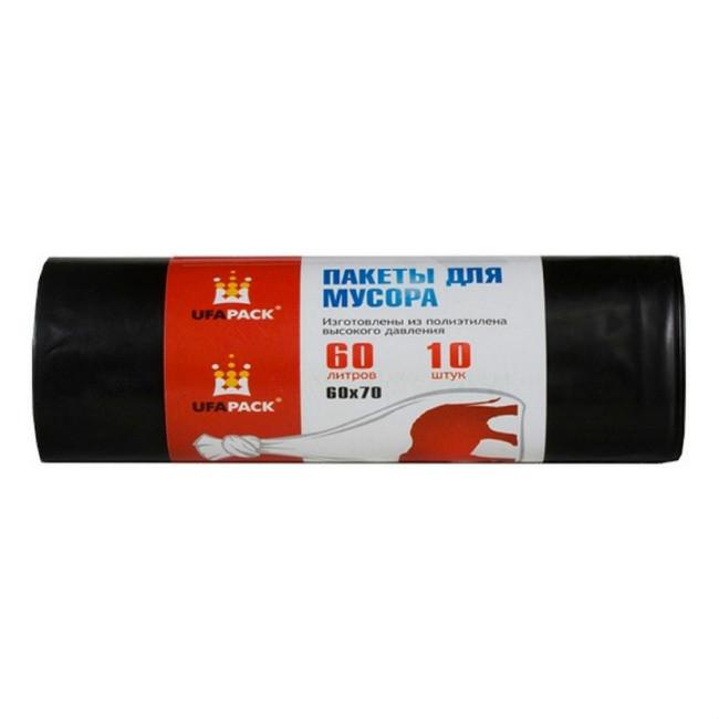Мешки Ufapack для мусора с завязками ПВД черные 60л 20мкр 10 штук 200 гр., обертка