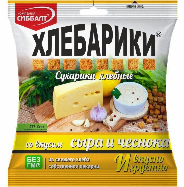 Сухарики хлебные ХЛЕБАРИКИ со вкусом сыра и чеснока 80 гр., флоу-пак