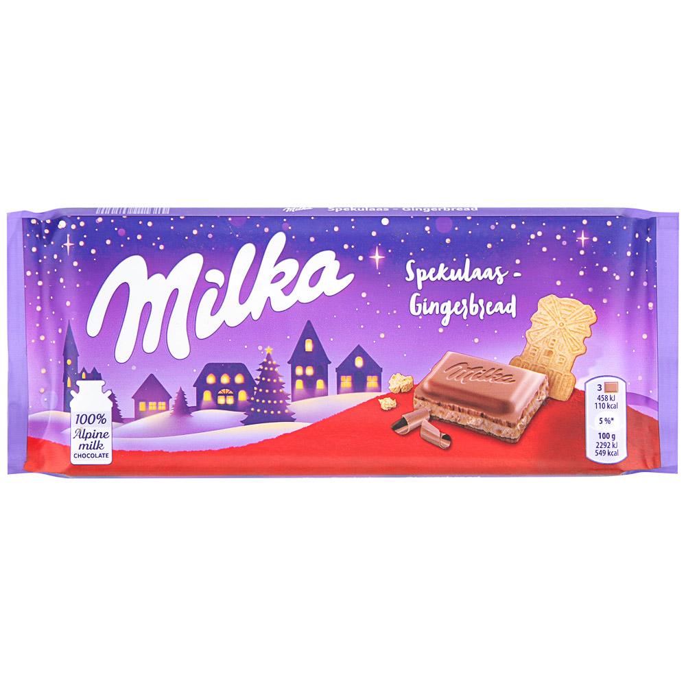 Шоколад Milka молочный с какао-начинкой и кусочками имбирного печенья с корицей и гвоздикой 100 гр., флоу-пак