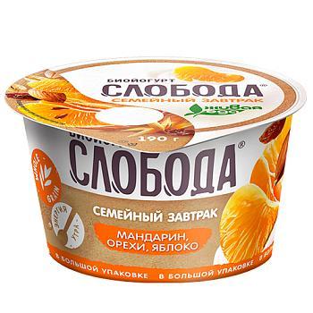 Биойогурт Слобода Семейный завтрак мандарин, яблоко, изюм, фундук 5% 190 гр., ПЭТ