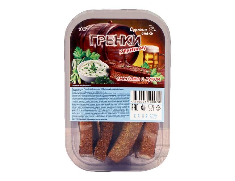 Гренки Сурские снеки Сметана с луком 100 гр., лоток