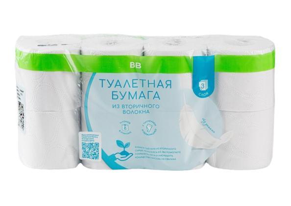Бумага туалетная ВкусВилл из вторичного волокна 3 слоя 8 рулонов, пакет