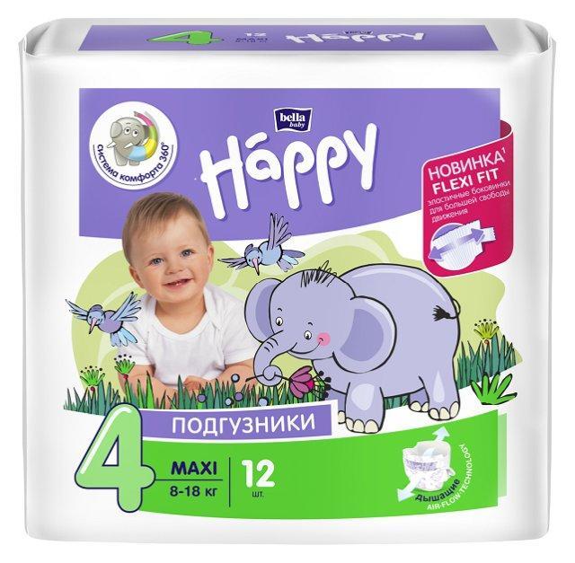 Подгузники 4 макси (8-18 кг.) 12 шт., Bella Baby Happy