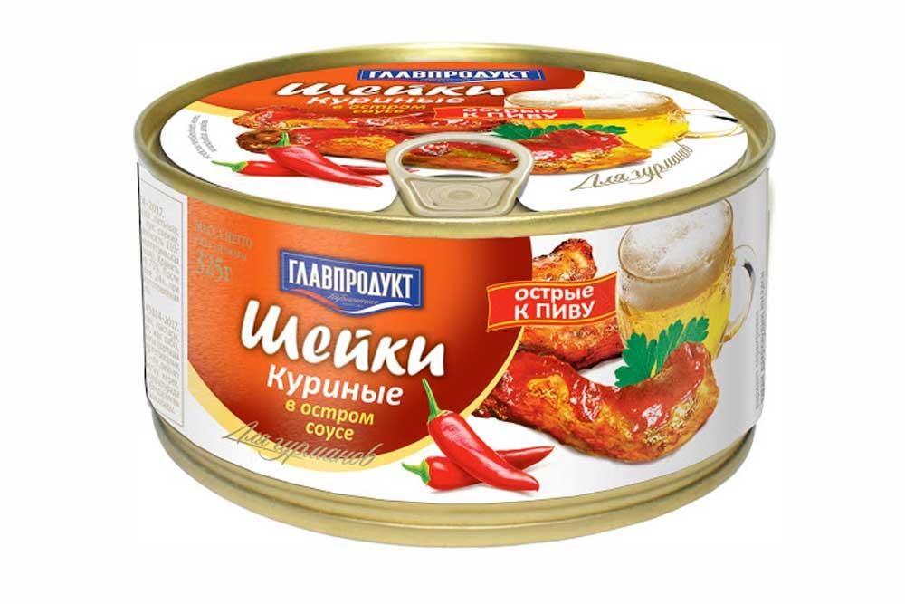 Шейки Главпродукт куриные в остром соусе к пиву 325 гр., ж/б
