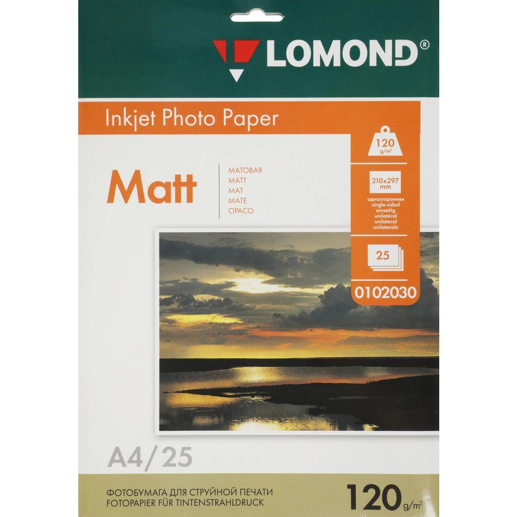 Фотобумага Lomond A4, для струйной печати, 25л, 120г/м2, белый, покрытие матовое [0102030]
