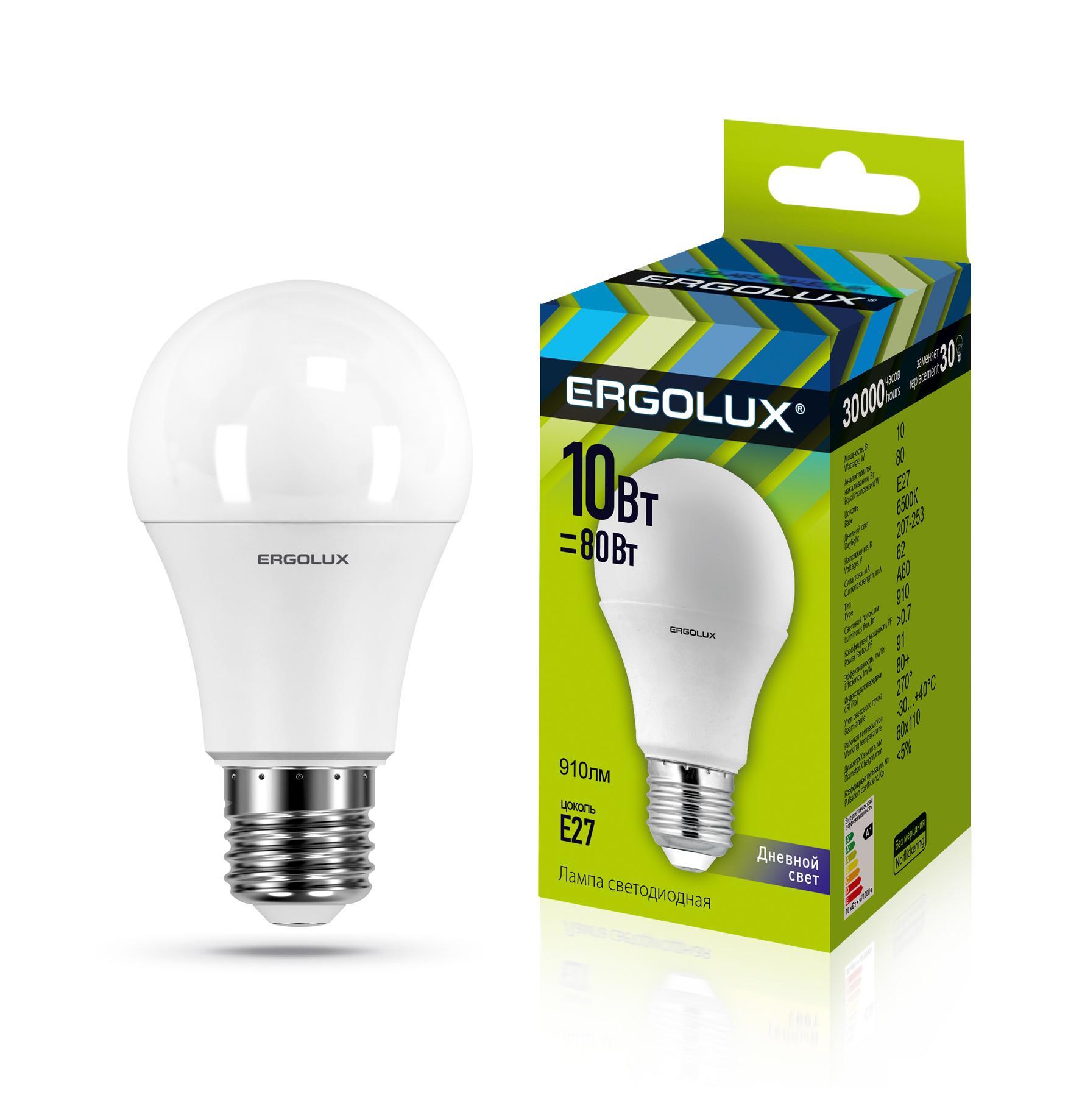 Лампа Ergolux LED-A60-10W-E27-6K (10Вт E27 6500K) ЛОН 1шт, картон