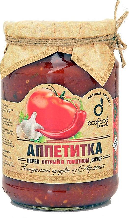 Аппетитка Ecofood перец острый в томатном соусе 750 гр., стекло