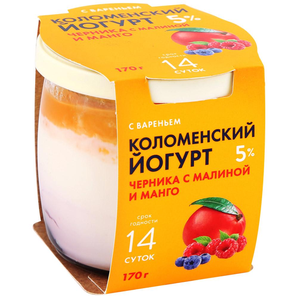 Йогурт 5 % черника, малина, манго, Коломенский, 170 гр, стекло