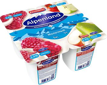 Продукт йогуртный Alpenland Малина, Яблоко-Груша 2,5% 95 гр. 4 шт., ПЭТ