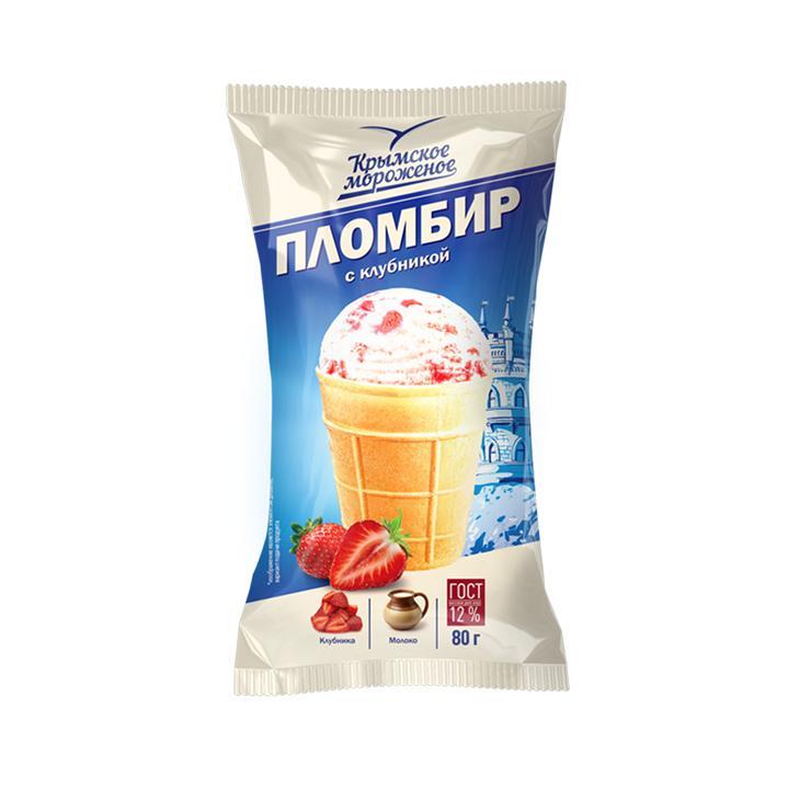 Мороженое Крымское мороженое пломбир клубника вафельный стаканчик 80 гр., флоу-пак