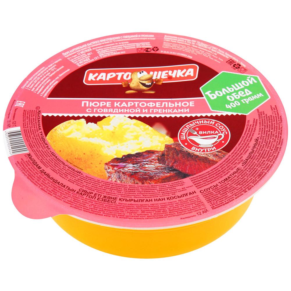 Пюре картофельное Картошечка Большой обед Говядина с гренками и соус Шашлычный 72 гр., стакан