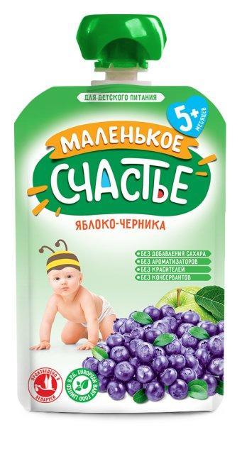 Пюре Яблоко-Черника Маленькое счастье, 90 гр., дой-пак с дозатором
