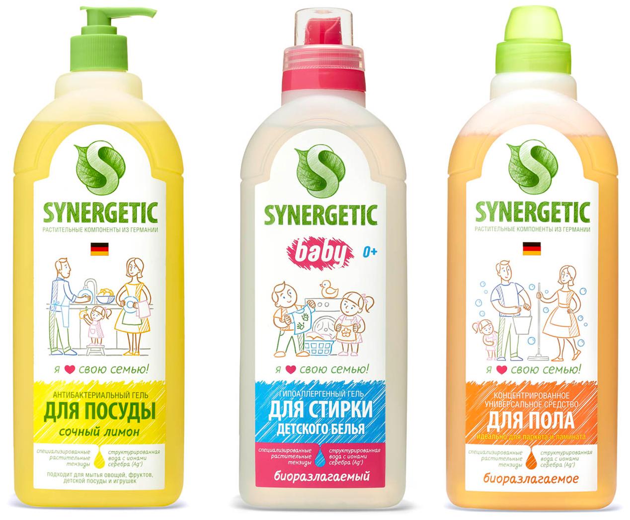 Гель Synergetic для мытья посуды лимон 1 л. + Гель для стирки детского белья 1л. + Средство для мытья полов 1 л., флакон