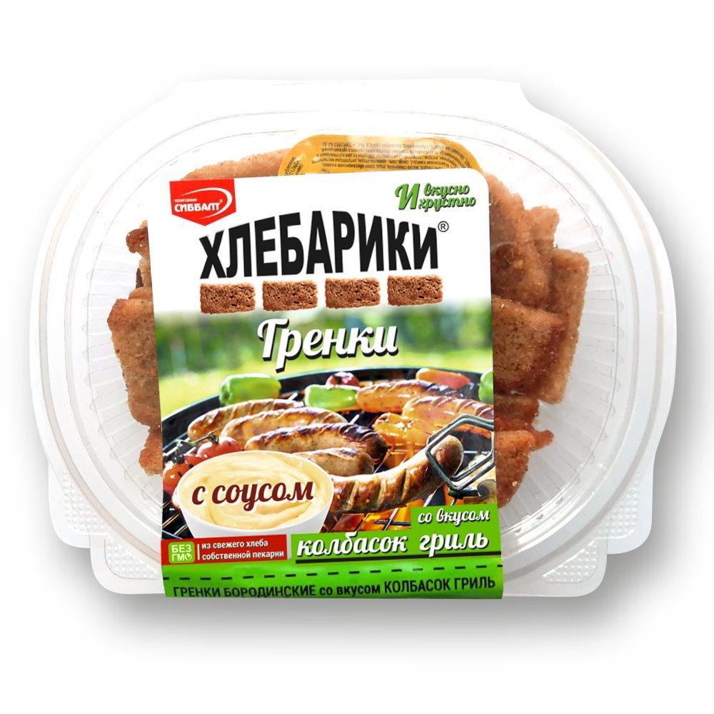 Гренки ХЛЕБАРИКИ со вкусом колбасок гриль с соусом сырный 25 мл. 70 гр., картон
