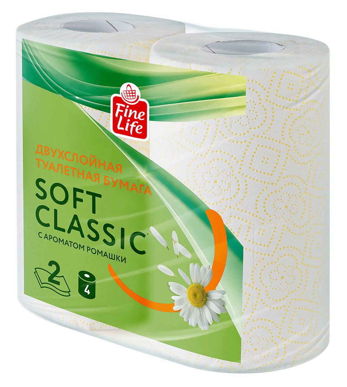 Бумага туалетная Fine Life Soft Classic ромашка белая 2 слоя 4 рулона, флоу-пак