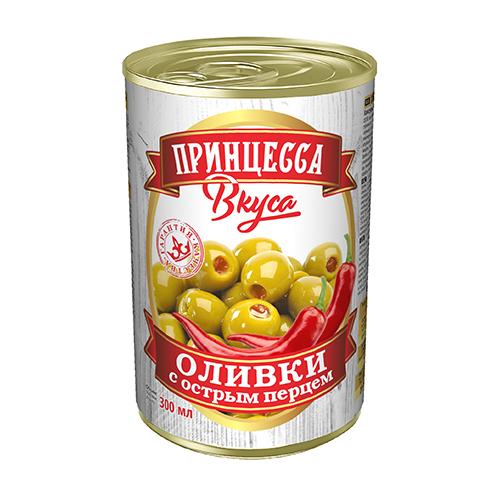 Оливки Принцесса Вкуса с красным перцем, 300 мл., ж/б