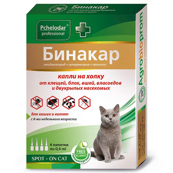Капли Бинакар Пчелодар инсектоакарицидные для кошек и котят 0,4 мл., картон