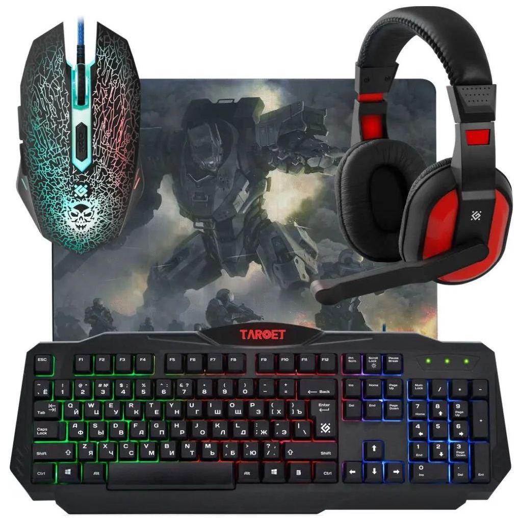 Набор проводной игровой DEFENDER Target MKP-350, USB, клавиатура, мышь 5 кнопок+1 колесо-кнопка, гарнитура, коврик, 52350