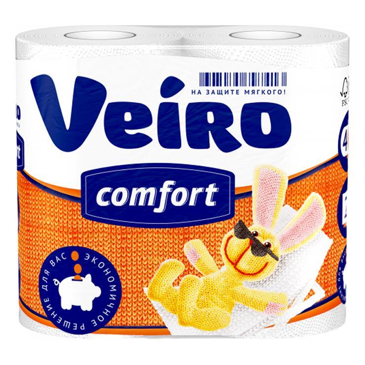 Туалетная бумага Veiro Comfort белая двухслойная 4 штуки, флоу-пак