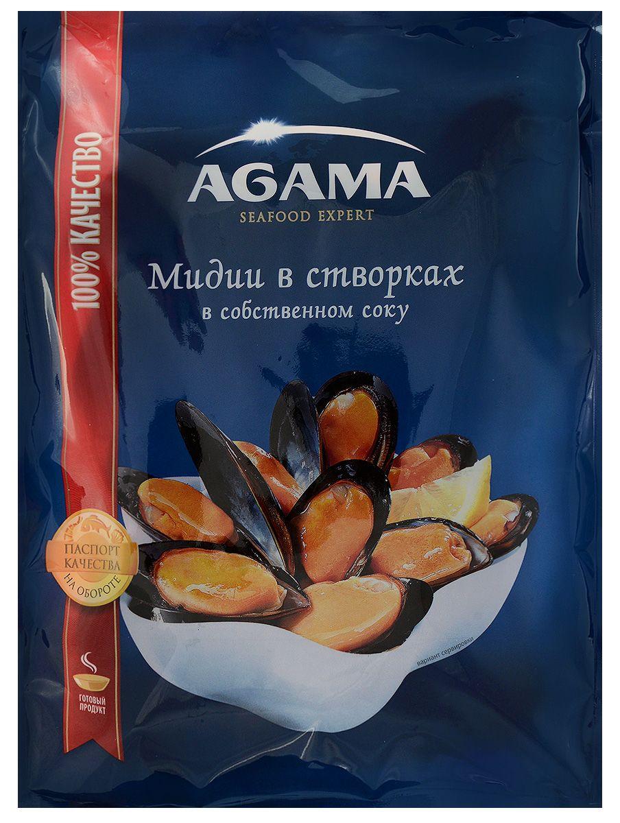 Мидии Agama в створках в собственном соку 450 гр., флоу-пак