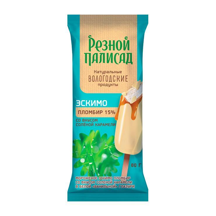 Мороженое эскимо Резной Палисад 15% со вкусом соленой карамели в белой ванильной глазури 80 гр., флоу-пак