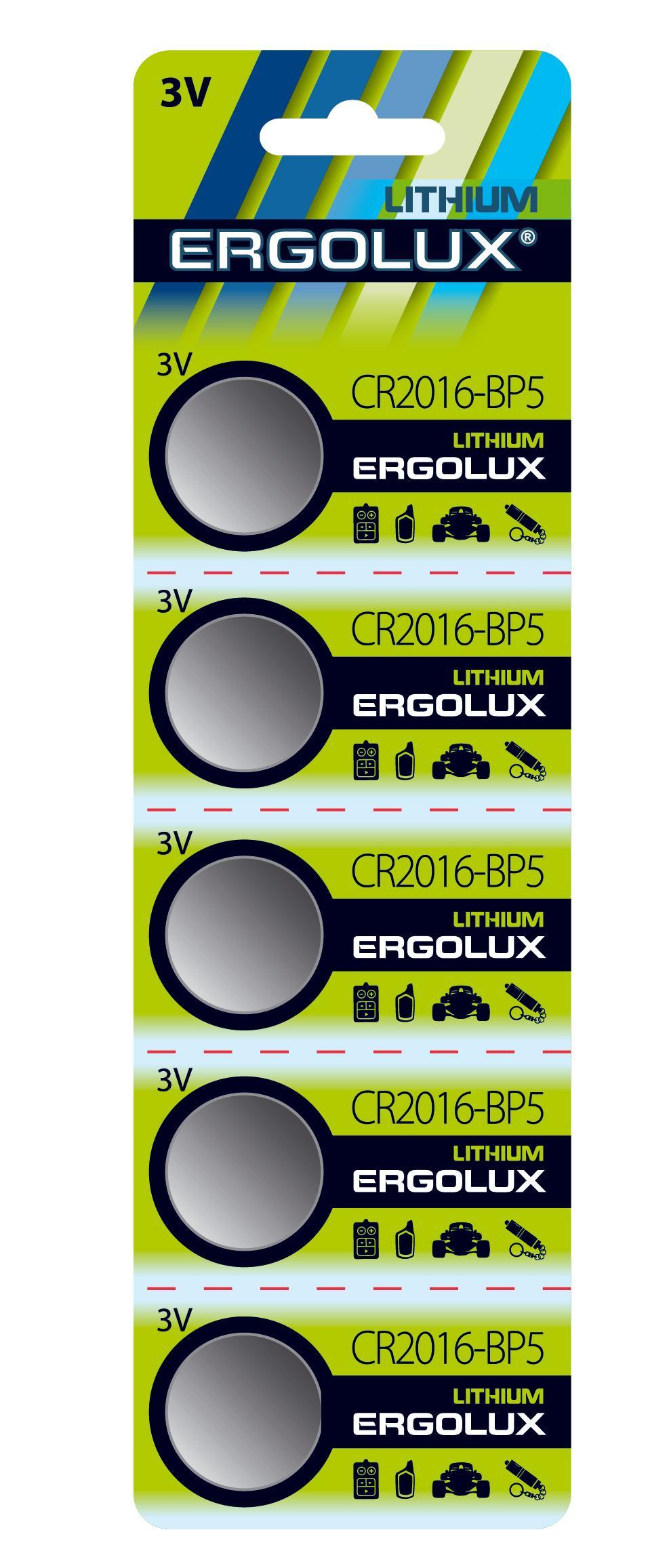 Батарейка Ergolux литиевая CR2016-BP5 3V, блистер