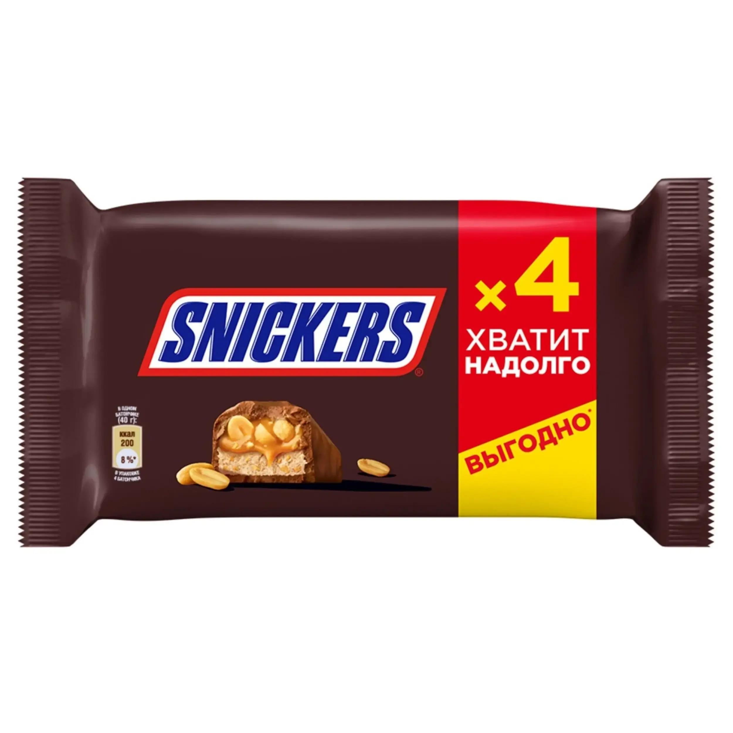 Батончик шоколадный Snickers с карамелью, арахисом и нугой, пачка 4 штуки по 40 гр., флоу-пак