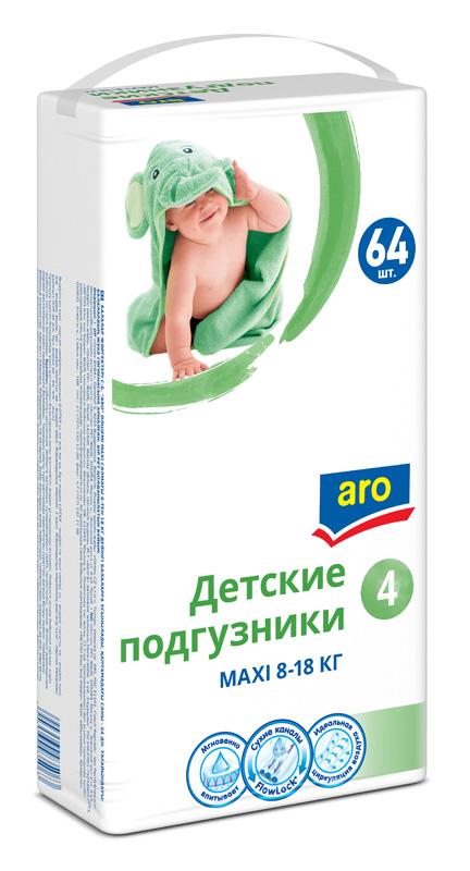 Подгузники aro maxi 4 размер 8-18кг, 64 шт., флоу-пак