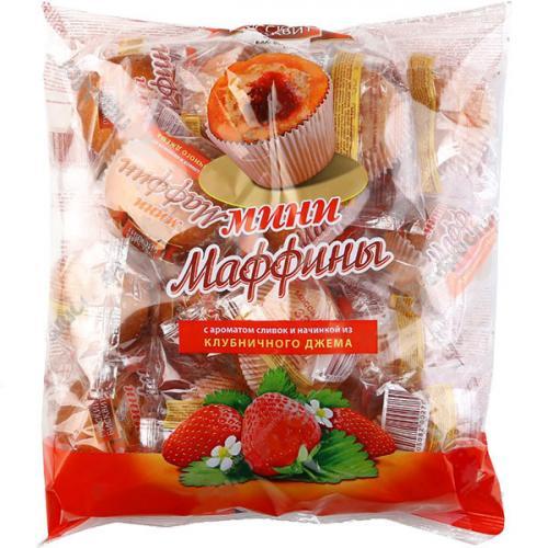 Мини-маффины Русский Бисквит с ароматом сливок и начинкой из клубничного джема 465 гр., флоу-пак
